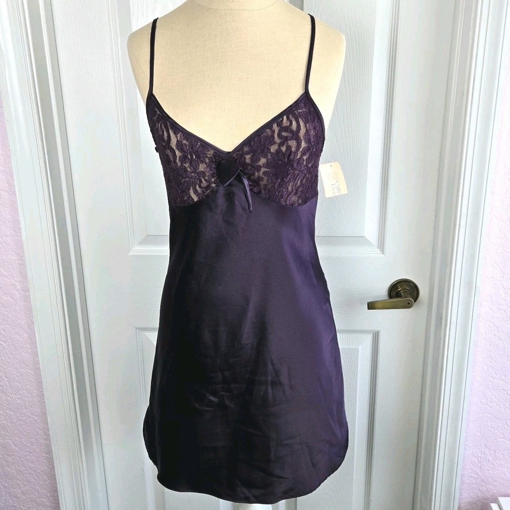 California Dynasty Vtg Purple Satin Lace Nightgown Chemise Size S Slip Lingerie
